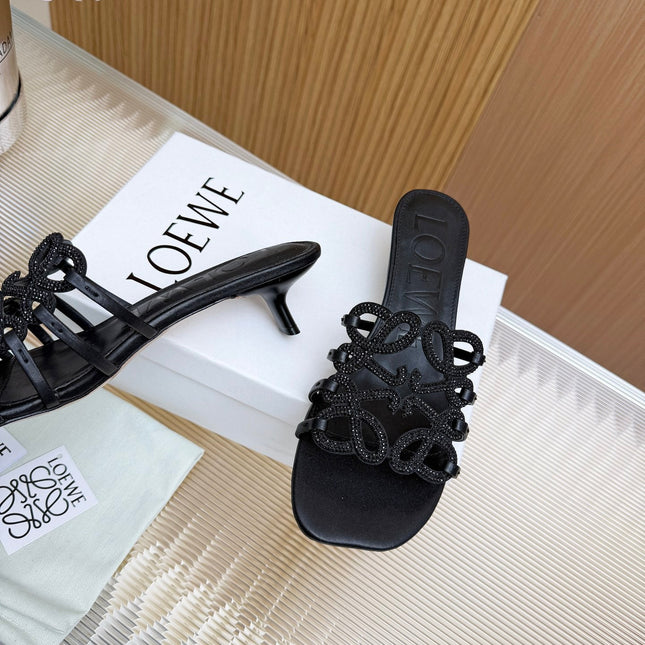 LOEWE 26S PETAL ANAGRAM SLIDE 45MM IN BLACK SOFT CALFSKIN WITH CRYSTALS