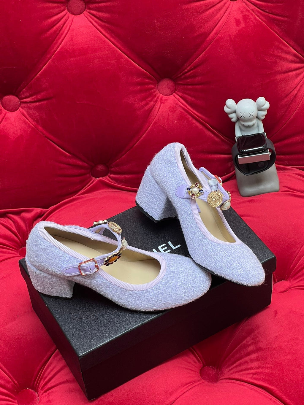 HIGH MARY JANE SHOES LIGHT BLUE WOOL TWEED