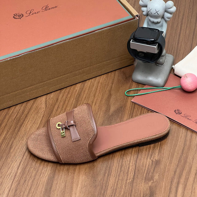 LP 26S SLIDES IN LIGHT BROWN CANVAS AND CALFSKIN