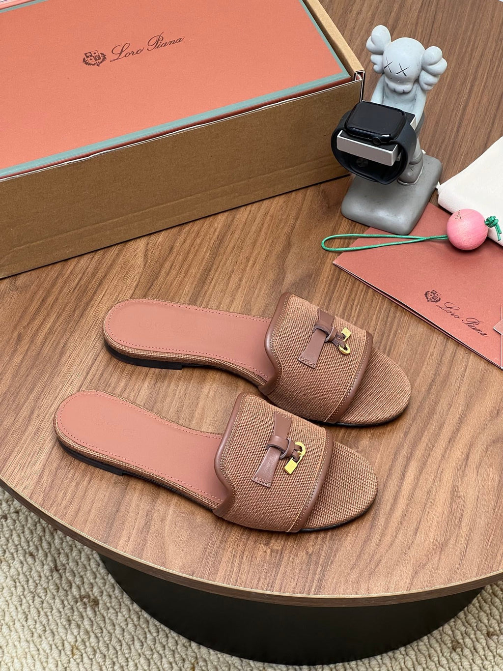 LP 26S SLIDES IN LIGHT BROWN CANVAS AND CALFSKIN