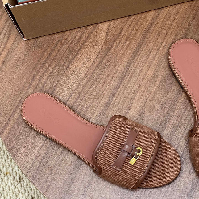 LP 26S SLIDES IN LIGHT BROWN CANVAS AND CALFSKIN