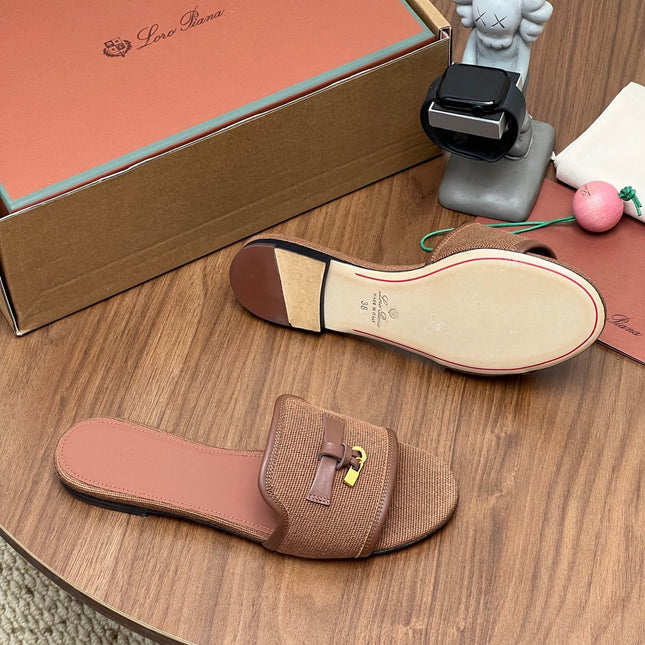 LP 26S SLIDES IN LIGHT BROWN CANVAS AND CALFSKIN