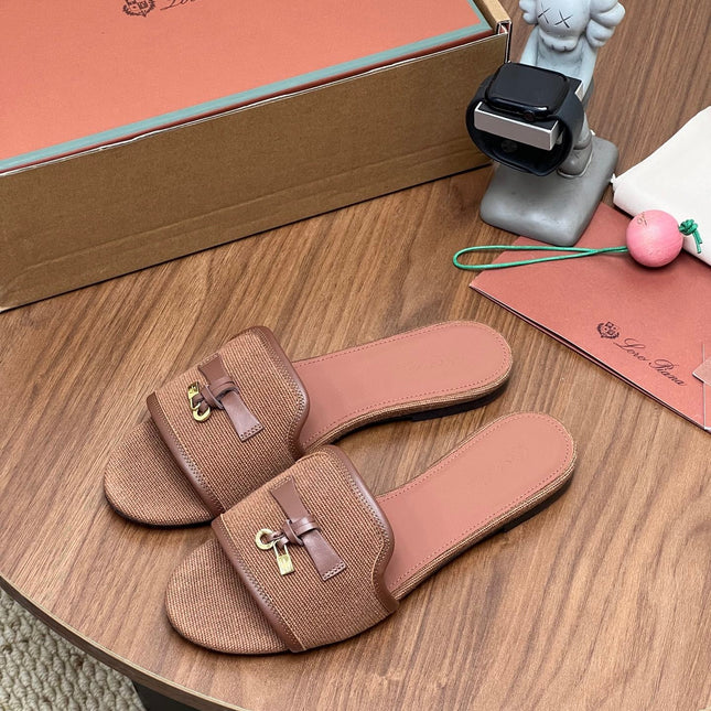 LP 26S SLIDES IN LIGHT BROWN CANVAS AND CALFSKIN