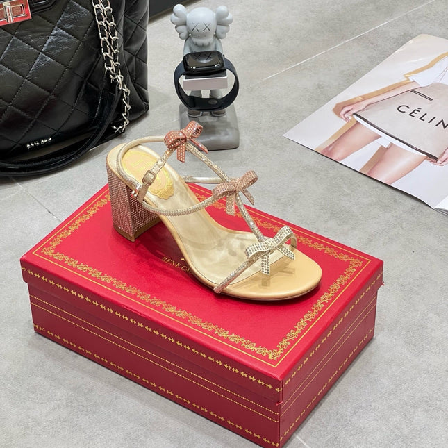 RENE CAOVILLA 26S HEELED SANDALS 85 MM IN BEIGE LAMBSKIN WITH BOW