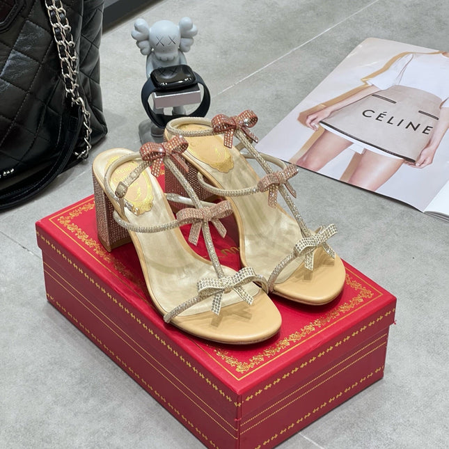 RENE CAOVILLA 26S HEELED SANDALS 85 MM IN BEIGE LAMBSKIN WITH BOW