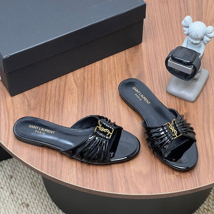 YSL 26S SLIDES IN BLACK GLOSSY CALFSKIN