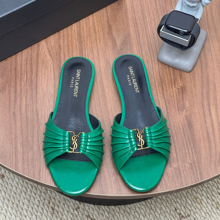 YSL 26S SLIDES IN DARK GREEN CALFSKIN