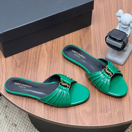 YSL 26S SLIDES IN DARK GREEN CALFSKIN