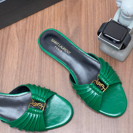 YSL 26S SLIDES IN DARK GREEN CALFSKIN