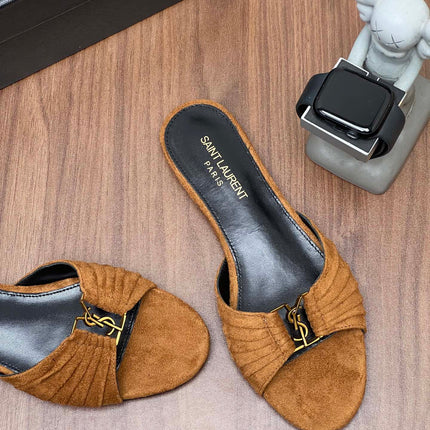 YSL 26S SLIDES IN CAMEL BROWN SUEDE