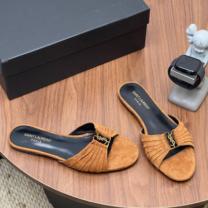 YSL 26S SLIDES IN CAMEL BROWN SUEDE