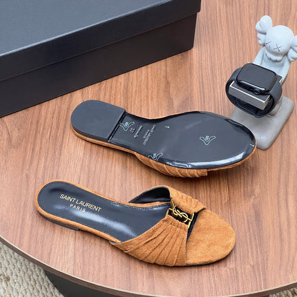 YSL 26S SLIDES IN CAMEL BROWN SUEDE