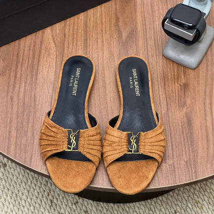 YSL 26S SLIDES IN CAMEL BROWN SUEDE