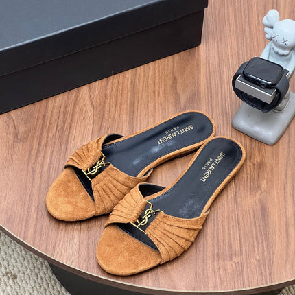 YSL 26S SLIDES IN CAMEL BROWN SUEDE