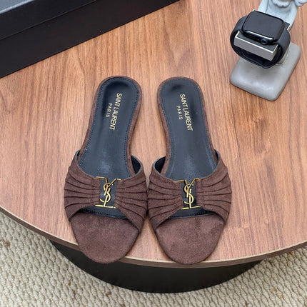 YSL 26S SLIDES IN DARK BROWN SUEDE
