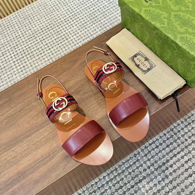 GUCCI 26S STRAP FLAT SANDALS IN BURGUNDY RED CALFSKIN GOLD HARDWARE