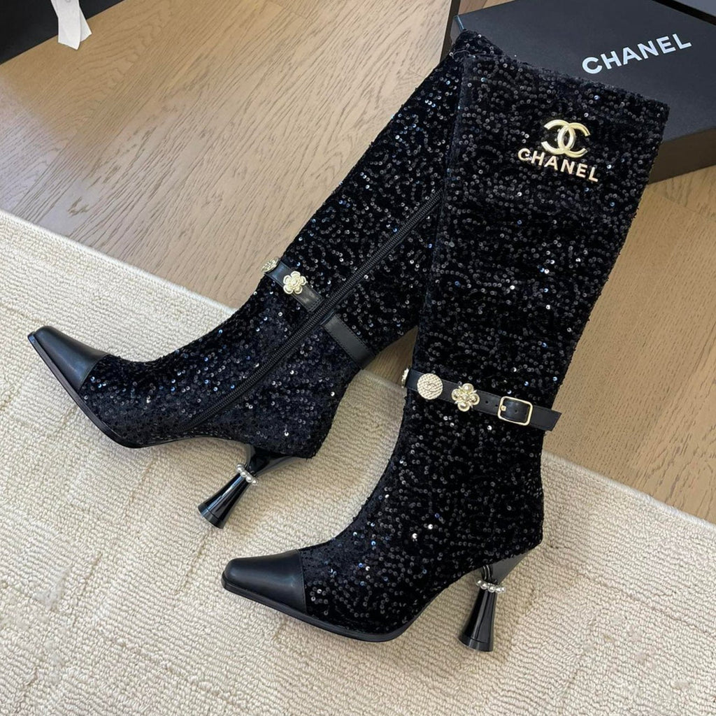 KNEE HIGH BOOTS IN BLACK CALFSKIN AND SEQUINS