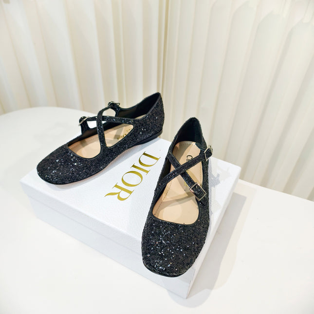 DIOR 26S MARY JANE FLATS IN BLACK SEQUIN EMBROIDERED FABRIC