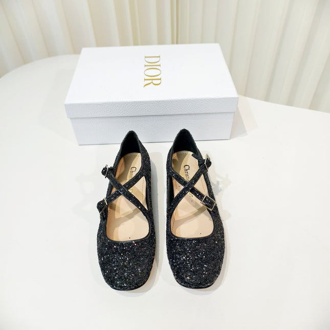 DIOR 26S MARY JANE FLATS IN BLACK SEQUIN EMBROIDERED FABRIC