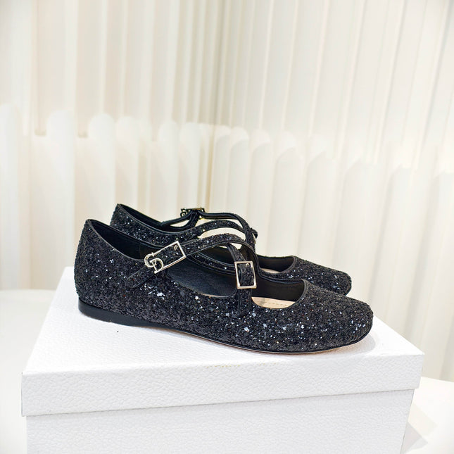 DIOR 26S MARY JANE FLATS IN BLACK SEQUIN EMBROIDERED FABRIC