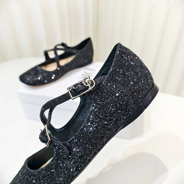 DIOR 26S MARY JANE FLATS IN BLACK SEQUIN EMBROIDERED FABRIC