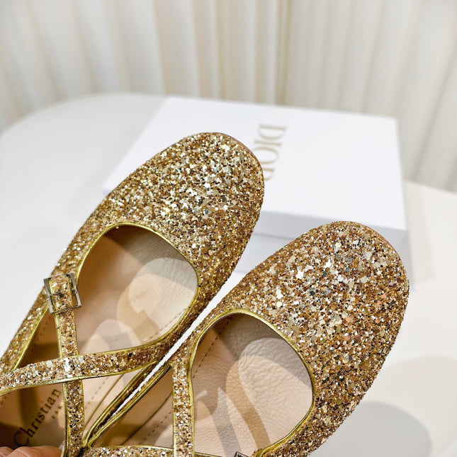DIOR 26S MARY JANE FLATS IN GOLD SEQUIN EMBROIDERED FABRIC