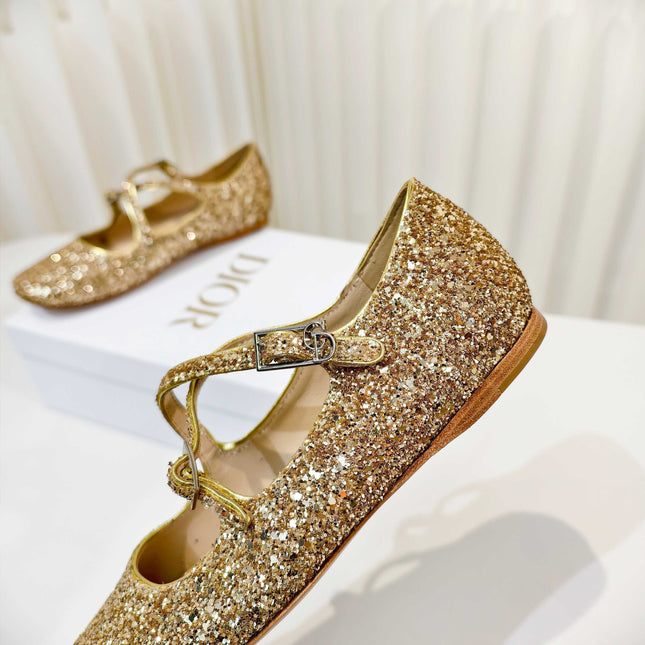 DIOR 26S MARY JANE FLATS IN GOLD SEQUIN EMBROIDERED FABRIC