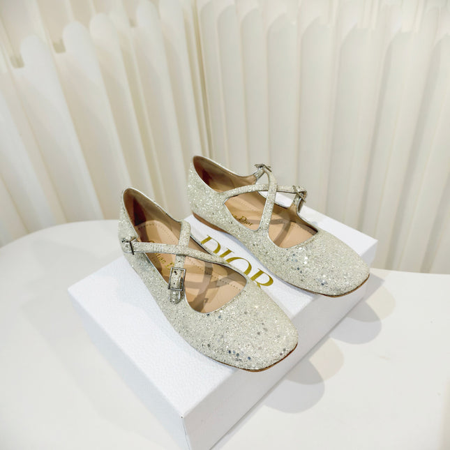 DIOR 26S MARY JANE FLATS IN SILVER SEQUIN EMBROIDERED FABRIC