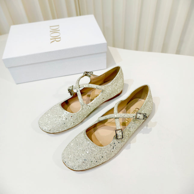DIOR 26S MARY JANE FLATS IN SILVER SEQUIN EMBROIDERED FABRIC