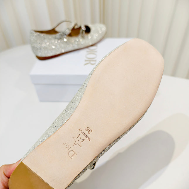 DIOR 26S MARY JANE FLATS IN SILVER SEQUIN EMBROIDERED FABRIC