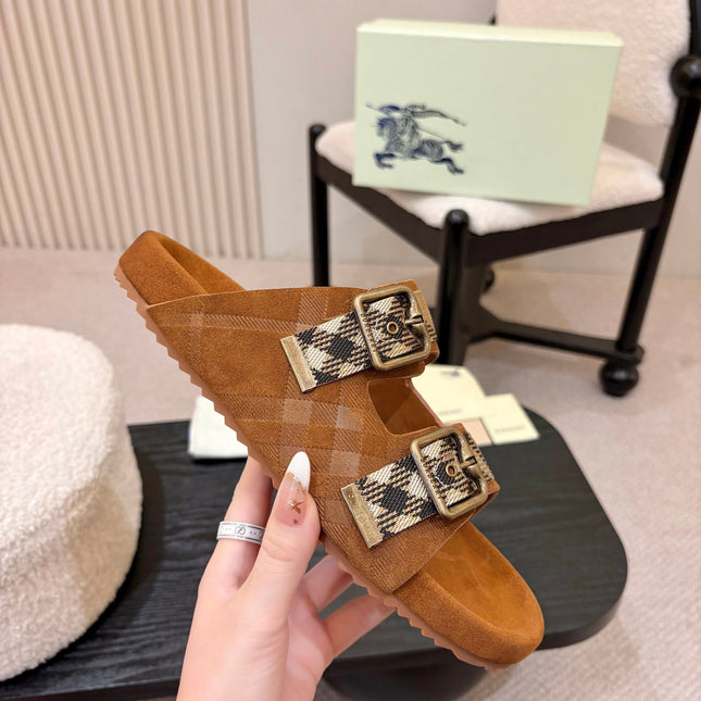 BURBERRY 26S DOUBLE BUCKLE SANDALS IN ORANGE BROWN SUEDE