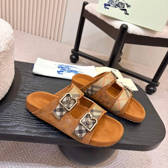 BURBERRY 26S DOUBLE BUCKLE SANDALS IN ORANGE BROWN SUEDE