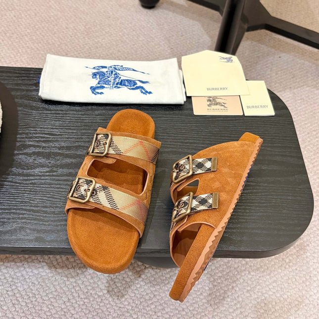 BURBERRY 26S DOUBLE BUCKLE SANDALS IN ORANGE BROWN SUEDE