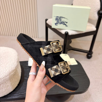 BURBERRY 26S DOUBLE BUCKLE SANDALS IN BLACK SUEDE