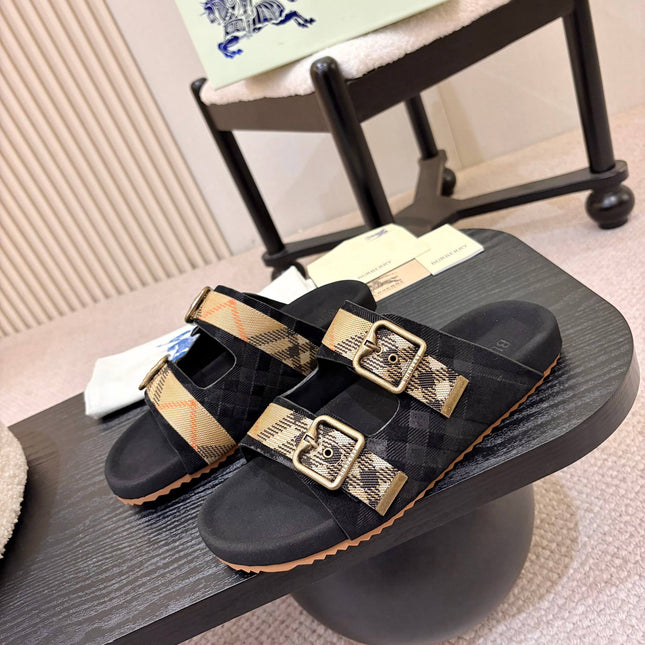 BURBERRY 26S DOUBLE BUCKLE SANDALS IN BLACK SUEDE