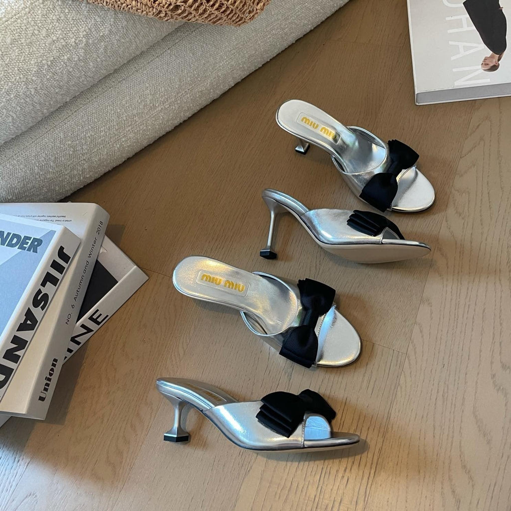 Silver High - Heels With Black Bow Calfskin