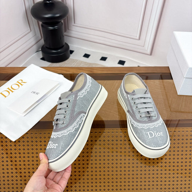 DIOR 26S LOW TOP SNEAKERS IN GREY CANVAS WITH WHITE LACE TRIM & LOGO PRINT