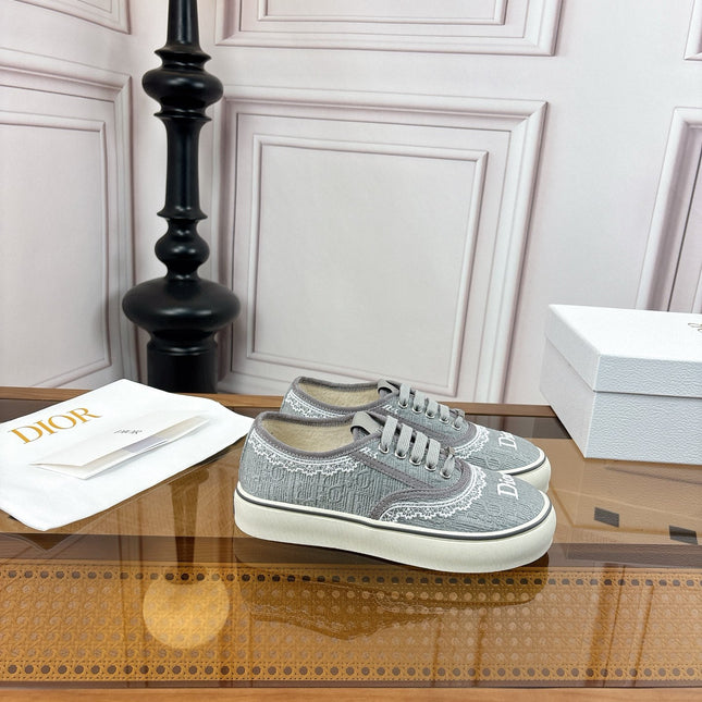 DIOR 26S LOW TOP SNEAKERS IN GREY CANVAS WITH WHITE LACE TRIM & LOGO PRINT