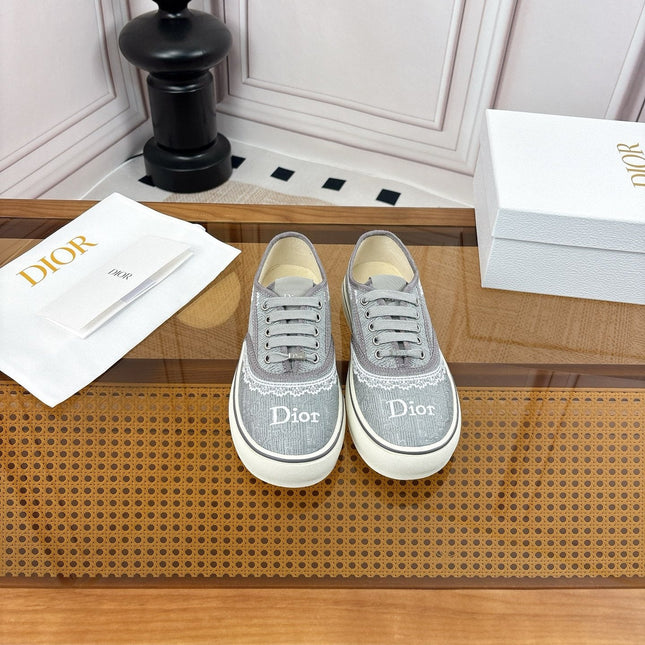 DIOR 26S LOW TOP SNEAKERS IN GREY CANVAS WITH WHITE LACE TRIM & LOGO PRINT