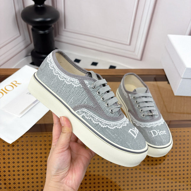 DIOR 26S LOW TOP SNEAKERS IN GREY CANVAS WITH WHITE LACE TRIM & LOGO PRINT