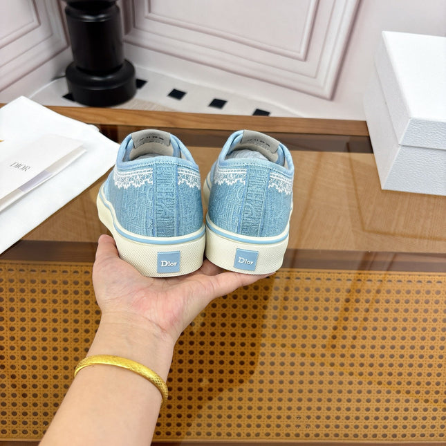 DIOR 26S LOW TOP SNEAKERS IN LIGHT BLUE CANVAS WITH WHITE LACE TRIM & LOGO PRINT