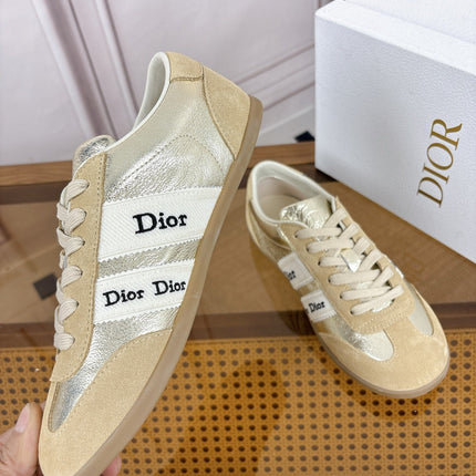 DIOR 26S SNEAKERS IN BEIGE SUEDE AND GOLD METALLIC CALFSKIN