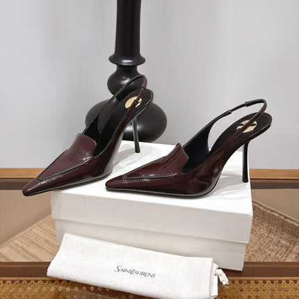 YSL 26S POINTED-TOE SLINGBACK 105 MM IN DARK BROWN SHINY CALFSKIN