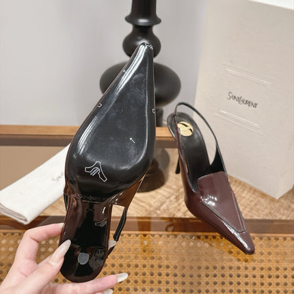 YSL 26S POINTED-TOE SLINGBACK 105 MM IN DARK BROWN SHINY CALFSKIN