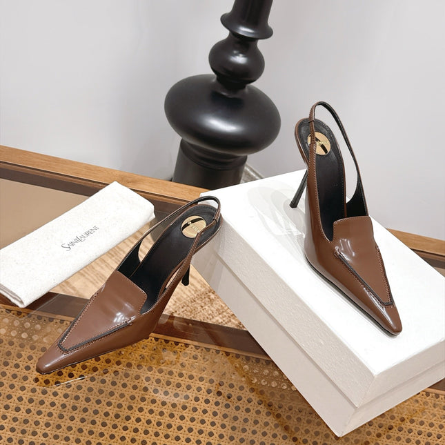 YSL 26S POINTED-TOE SLINGBACK 105 MM IN BROWN SHINY CALFSKIN