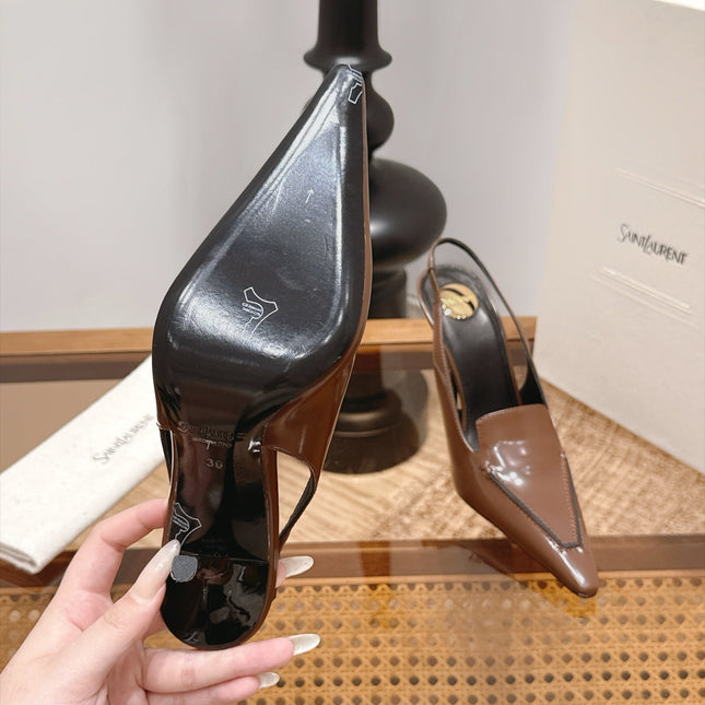 YSL 26S POINTED-TOE SLINGBACK 105 MM IN BROWN SHINY CALFSKIN