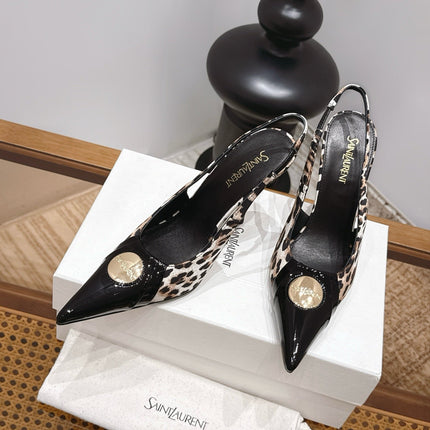 YSL 26S SLINGBACK HEELS 105 MM IN BLACK CALFSKIN & LEOPARD PRINT PONY HAIR