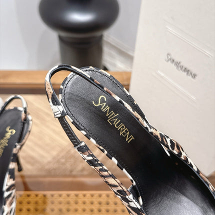 YSL 26S SLINGBACK HEELS 105 MM IN BLACK CALFSKIN & LEOPARD PRINT PONY HAIR