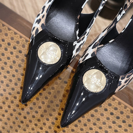 YSL 26S SLINGBACK HEELS 105 MM IN BLACK CALFSKIN & LEOPARD PRINT PONY HAIR