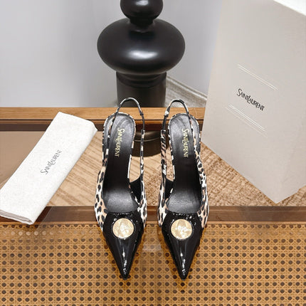 YSL 26S SLINGBACK HEELS 105 MM IN BLACK CALFSKIN & LEOPARD PRINT PONY HAIR